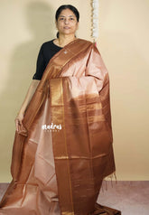 Peach with Brown - Soft Tissue khadi zari Border with buttas